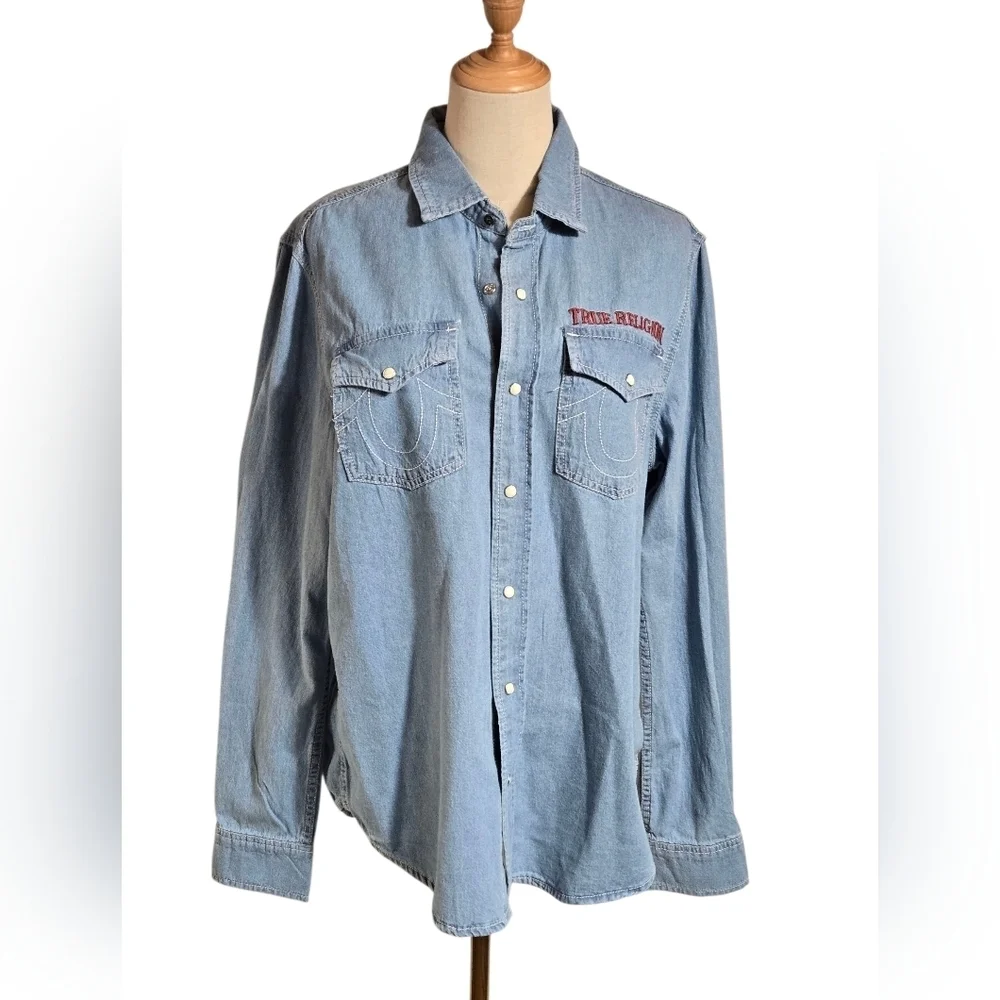 True Religion Blue Logo Denim Shirt NWT